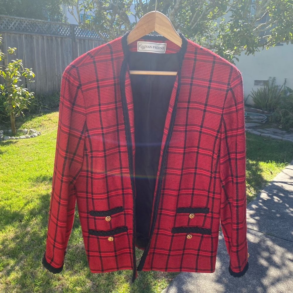 Evan Picone Red Black Plaid Lined Jacket Blazer